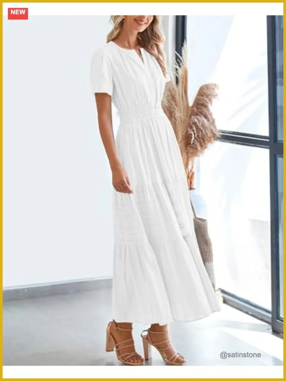 Womens Maxi Dress Short Sleeve V Neck Elastic Waist Tiered Ruffle Beach